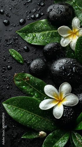 Calmness and Tranquility With Plumeria Flower on Stones in a Serene Setting.