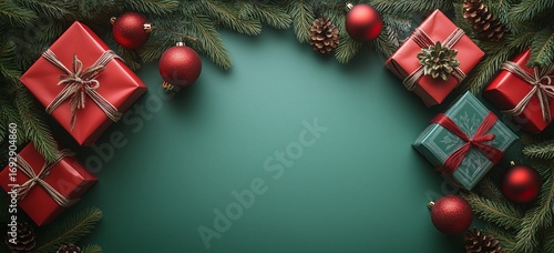 Festive Holiday Decorations With Gifts and Ornaments on Green Background.