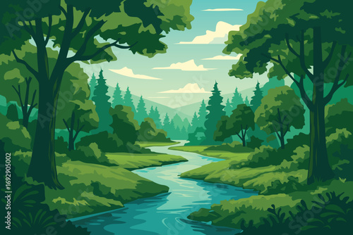 Beautiful mountain with river. Full Vector. NOT AI GENERATED!