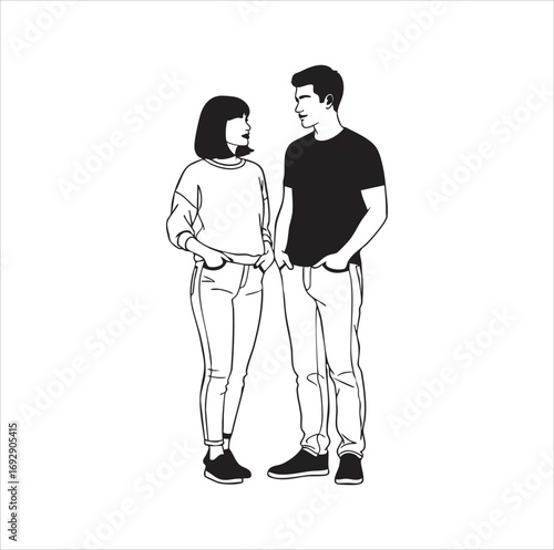 A simple line art illustration of a young couple standing and looking at each other, suggesting connection and companionship