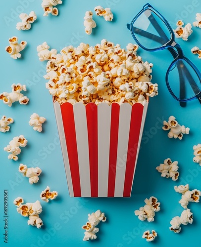 Popcorn in Striped Container With Glasses on Blue Background Creating a Fun M...