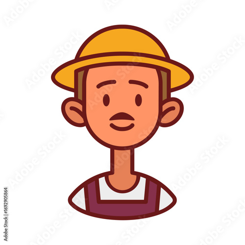 A simple vector illustration of a male farmer or gardener. The graphic features a man with a mustache, wearing a straw hat and overalls. This clean, modern design is ideal for concepts related to farm