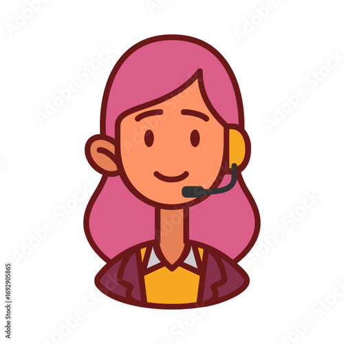 A cheerful vector illustration of a female customer support agent. The graphic features a woman with pink hair wearing a professional outfit and a headset with a microphone.