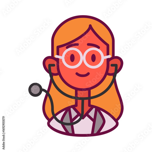 A friendly vector illustration of a female doctor. The graphic features a woman with red hair wearing glasses and a stethoscope around her neck.