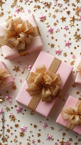 Gift Boxes Arranged Creatively With Golden Bows and Decorative Stars.