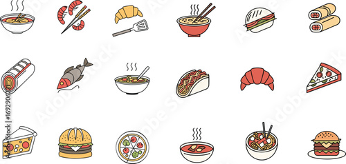 Vibrant collection of delicious food icons perfect for menus, apps, and culinary branding