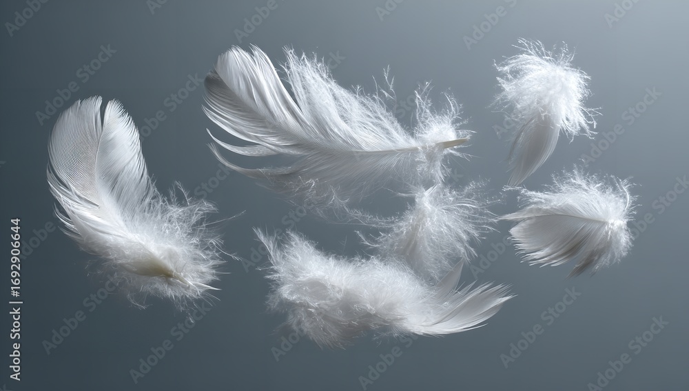 Obraz premium Soft delicate feathers suspended midair on gray backdrop, ethereal scene representing freedom, grace, serenity, and calm atmosphere