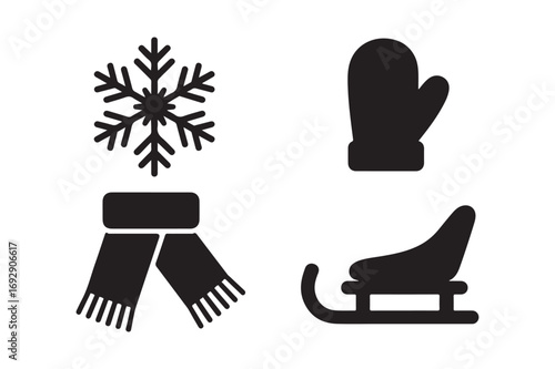 Winter icons snowflake mitten scarf and sled silhouette