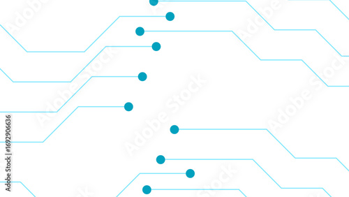 Abstract minimal futuristic circuit board style background. Cyan blue linear connections and circular nodes on a clean white backdrop. Digital connectivity, networking, and modern technology
