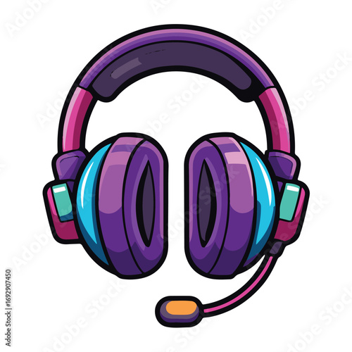 Vibrant purple and blue gaming headset with microphone, isolated on white background