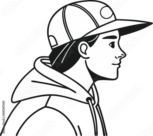 Young person in baseball cap and hoodie looking forward with confident expression and stylish outline
