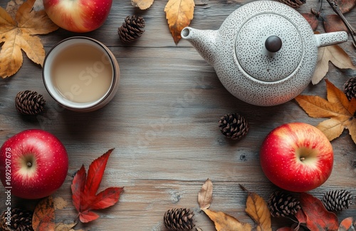 Warm Autumn Tea Time With Apples and Leaves on Wooden Table