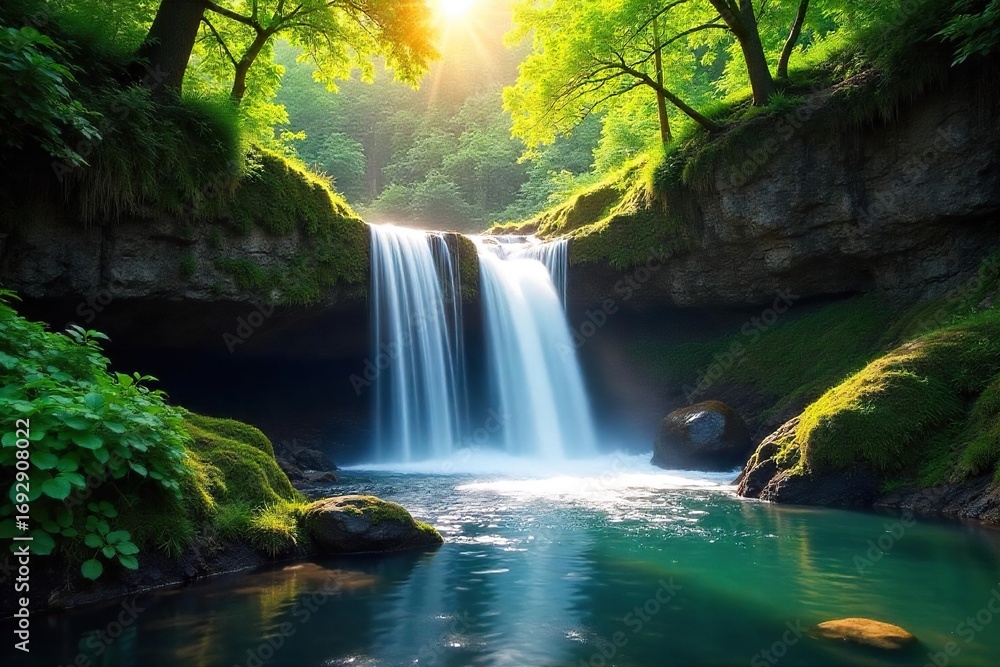 Fototapeta premium Serene waterfall cascading down mossy rocks, sunlight dappling the water, lush green foliage surrounding the scene, perfect summer escape , vibrant, nature