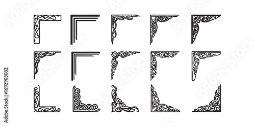 A set of 15 distinct black and white decorative corner elements and border designs for graphic design and illustration.