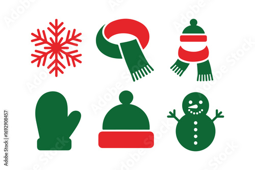 Festive winter holiday icons featuring snowflakes scarf hat mittens and snowman