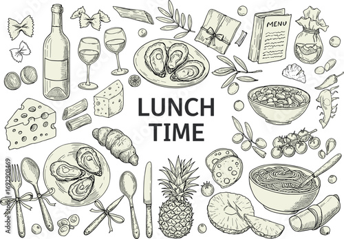Lunch time sketch, vintage food illustration set, wine cheese bread clipart, hand drawn kitchen elements, restaurant menu graphic pack