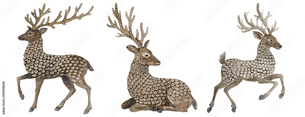 Obraz premium Freehand Watercolor Christmas reindeer set with detailed antlers in different poses. Festive holiday watercolour clipart for cards, crafts, winter seasonal design. Hand drawn watercolour deer