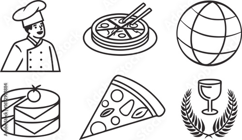 Culinary icons chef pizza cake wine globe celebrate global cuisine and celebration