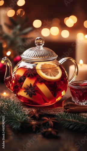 Warm Beverage Served in a Glass Teapot With Lemon and Spices During a Cozy Ho...
