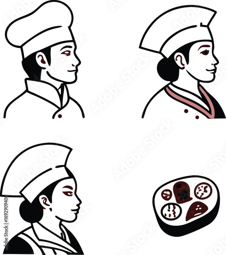 Diverse chefs and culinary art showcase professional kitchen talent and delicious food presentation
