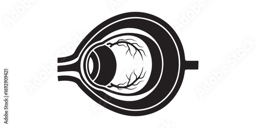 A simplified, high-contrast illustration depicting the cross-section of a human eye, highlighting its internal structures and optic nerve.