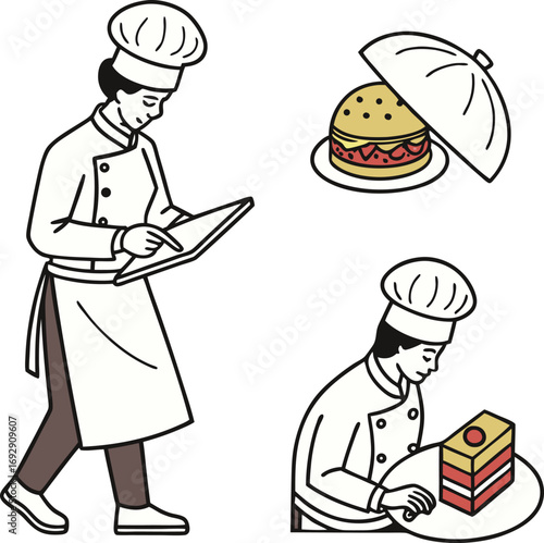 Chef meticulously preparing gourmet burger and exquisite cake for culinary perfection