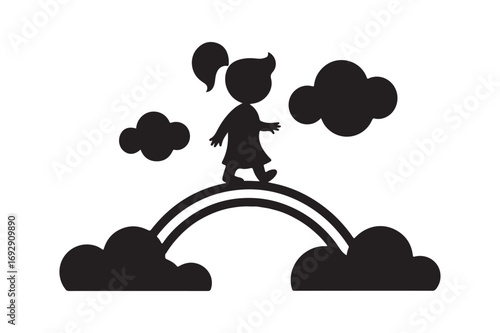 Child walking on a rainbow bridge with clouds silhouette