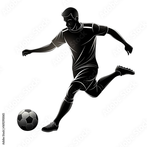 Dynamic silhouette of a soccer player kicking a ball in motion isolated on transparent background