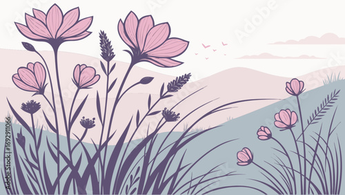 Beautiful floral landscape illustration with pink flowers and mountains vector art design image stock