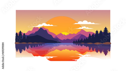 Beautiful sunset mountain range landscape with lake and forest vector illustration design artwork