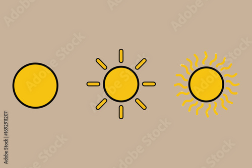 Three stylized suns showing different levels of intensity and representation