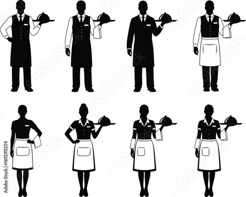Formal waiter and waitress silhouette vector, black uniformed staff holding tray, hospitality service icons, restaurant catering clipart, food service illustration