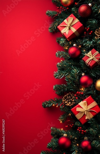 Festive Decorations With Red Gifts and Ornaments on a Christmas Tree Against ...