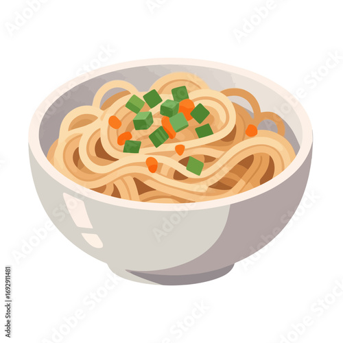Bowl of fried noodles with green onions and carrots on white background  