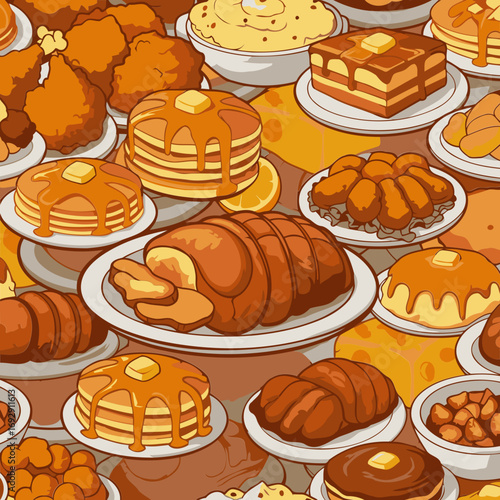 Buffet of American comfort food dishes with various breakfast and lunch items. Diverse array of plates displayed on a wooden table, featuring fried chicken, pancakes, ham, cheese, and desserts.