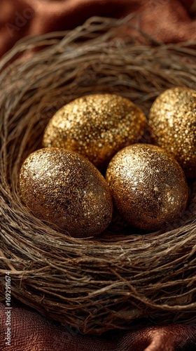 Golden Eggs Resting in a Nest Made of Twigs and Grass on a Rustic Surface Dur...