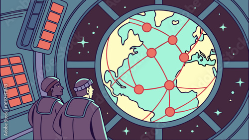 Astronauts in space station looking at earth network connection communication technology concept