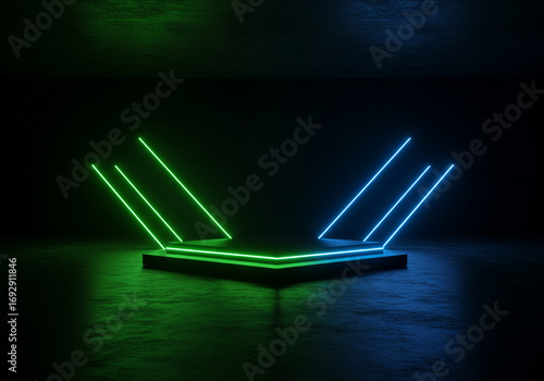 Dynamic neon stage with vibrant green and blue lights, perfect for futuristic product reveals or gaming events.
