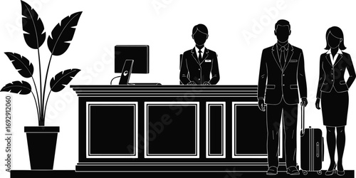 Hotel reception silhouette, guest check-in scene, front desk service, travel hospitality vector, formal attire, customer interaction, black and white illustration