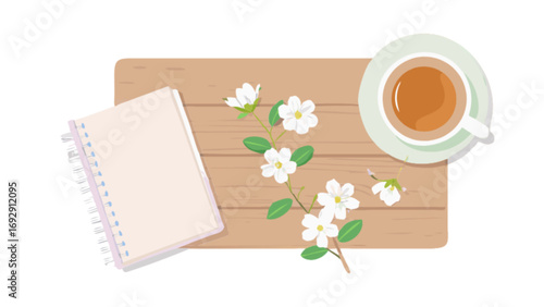 Cozy morning scene with tea cup notebook and jasmine flowers on wooden table for blog and social media posts