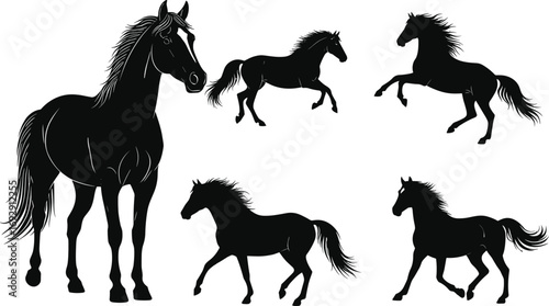 Horse silhouette vector set, standing horse, galloping pose, rearing stallion, trotting motion, elegant mane, black animal icon, equine movement illustration