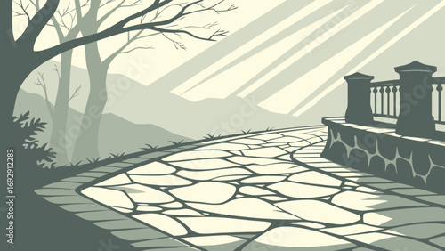 Scenic overlook landscape illustration with stone path, trees, and sun rays vector design art