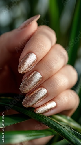 Elegant Hand With Sparkling Nail Polish Holding Lush Green Leaves in Natural ...