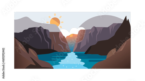 Scenic canyon landscape vector art with river sun and mountains for graphic design and backgrounds usage