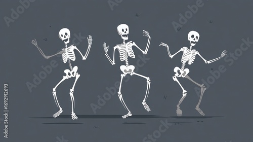 Three cartoon skeletons dancing joyfully against a dark gray background, humorous