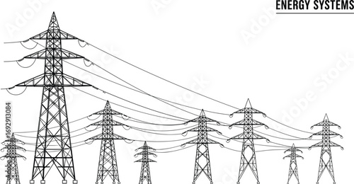 Electric power transmission towers, energy grid infrastructure, high voltage lines, power pylons, electricity network, utility poles, engineering, energy systems
