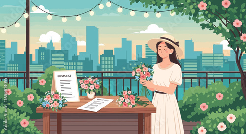 Elegant woman preparing flowers for outdoor event with city skyline backdrop and guest list