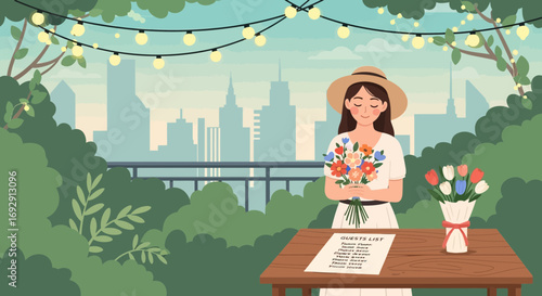 Elegant woman planning event in an outdoor terrace setting overlooking city skyline beautifully