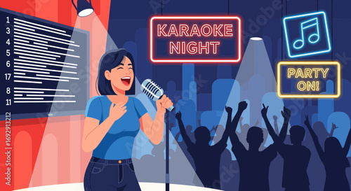 Enthusiastic Woman Singing Karaoke with Crowd Silhouette and Neon Lights in a Vibrant Scene