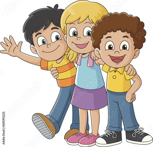 Happy cartoon kids standing together, group of smiling children, friendship illustration, diverse characters, fun teamwork drawing, joyful childhood vector art